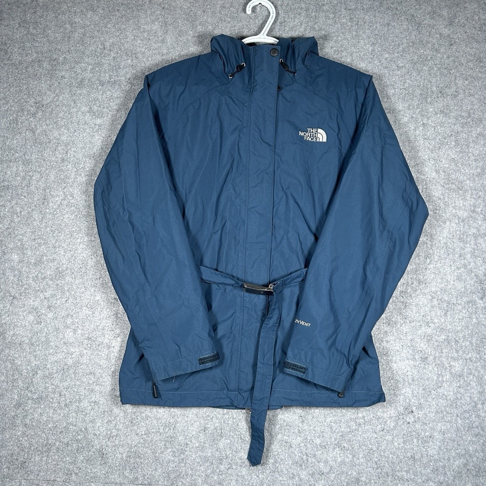 The North Face Rain Coat Womens Size Medium Blue HyVent Belted Hooded Water